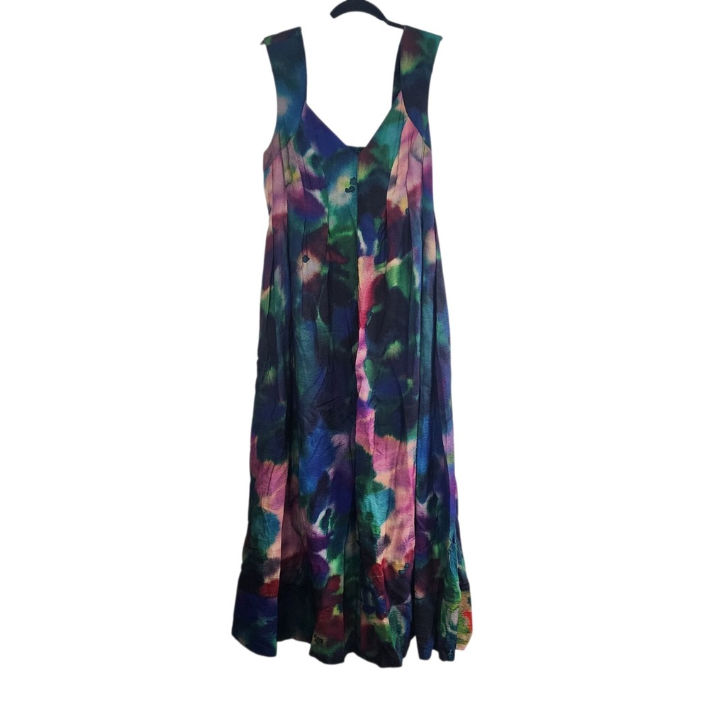 Anthropologie Printed V-Neck Pleated A-Line Watercolor Dress Size L - Picture 2 of 13